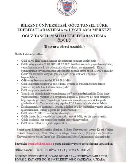 OĞUZ TANSEL 2024 Halkbilim Araştırma Ödülü için başvuru süresi uzatıldı. Ödüle son başvuru tarihi 30.09.2024’dür.