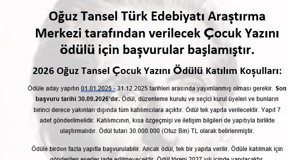 2026 Oğuz Tansel Çocuk Yazını Ödülü Başvuruları Başladı!